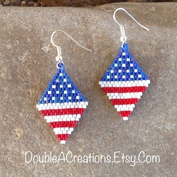 American Flag Beaded Earrings, New, Handmade by me - Picture 3 of 6